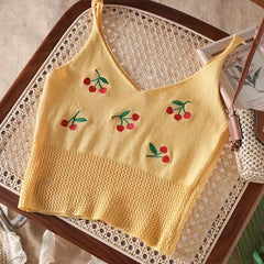 Cherry Pattern Embroidered Knit Crop Cami Top Cutout V Neck Summer Sleeveless