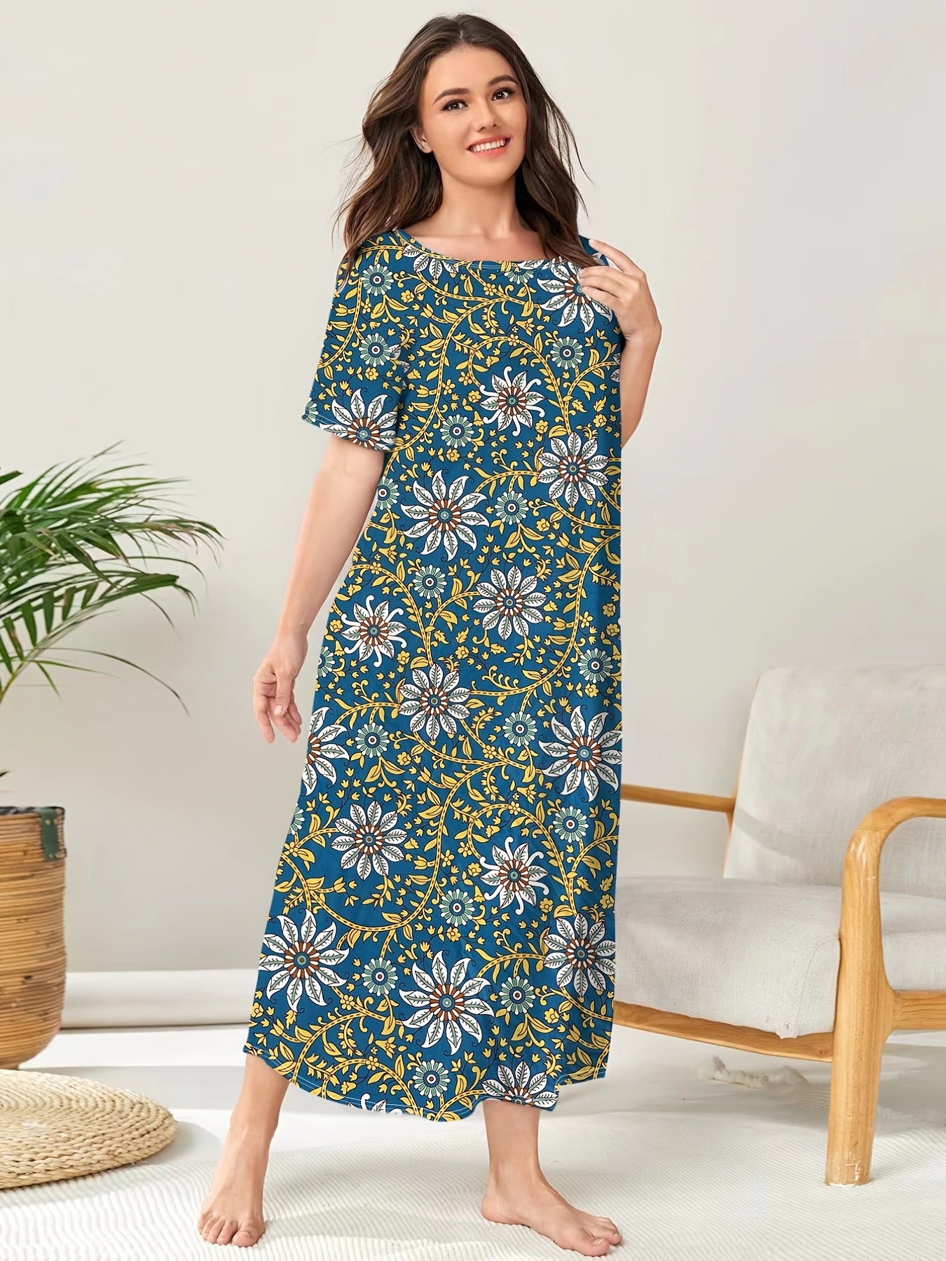 Boho Loungewear Dress Plus Size Floral Print Short Sleeve Round Neck