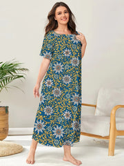 Boho Loungewear Dress Plus Size Floral Print Short Sleeve Round Neck