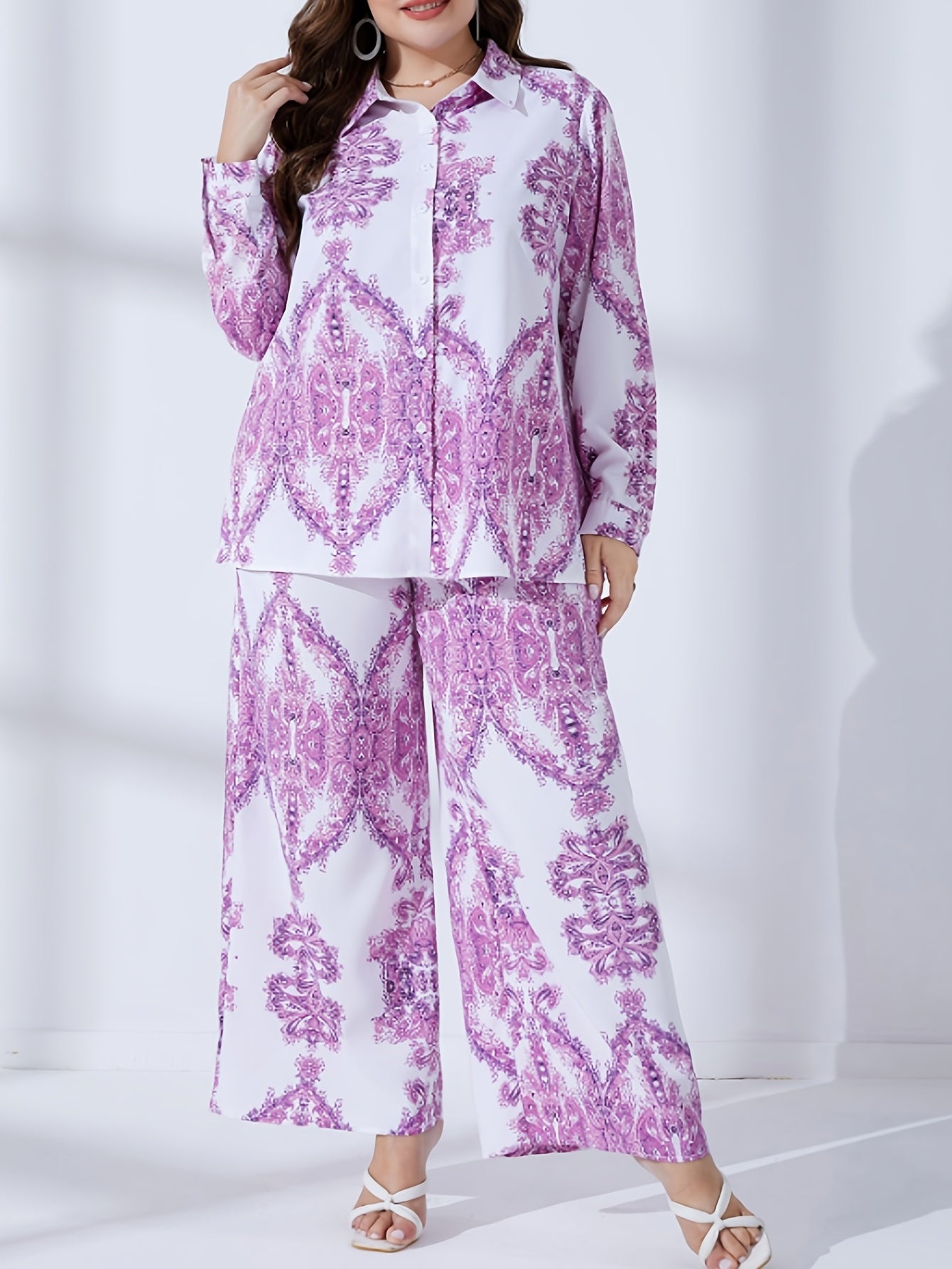 Women's Plus Damask Print Long Sleeve Button Up Shirt & Wide Leg Pants Set