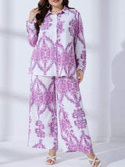 Women's Plus Damask Print Long Sleeve Button Up Shirt & Wide Leg Pants Set