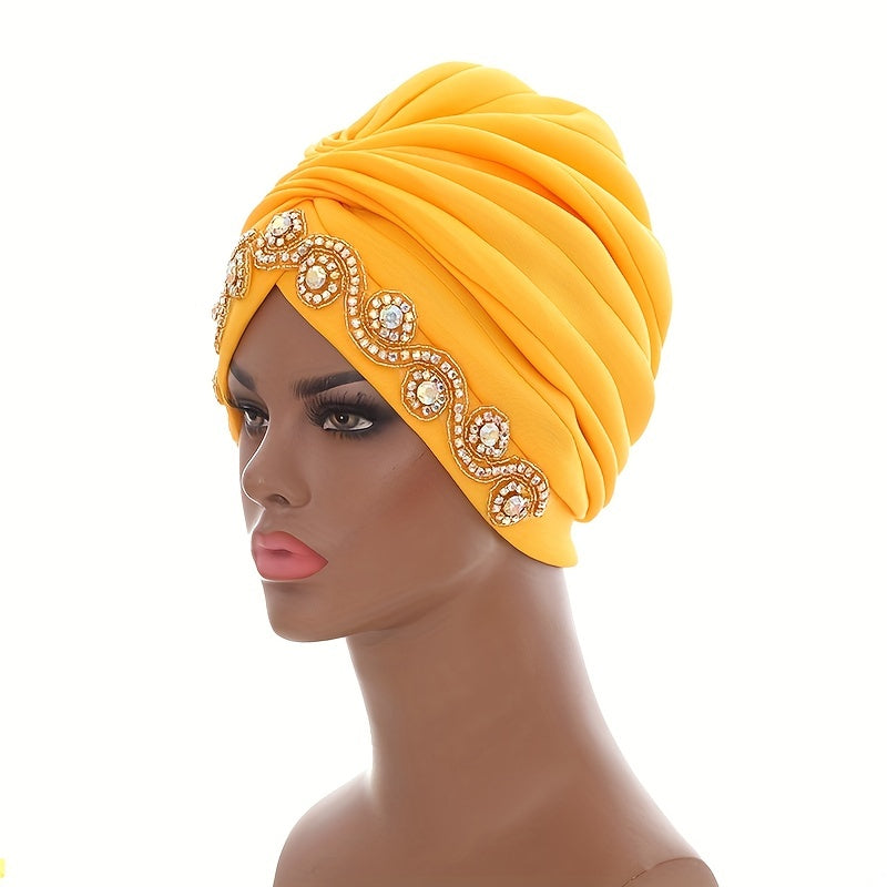 Yellow Rhinestone Decor Headwrap Pleated Turban Cap Bonnet Women Elastic