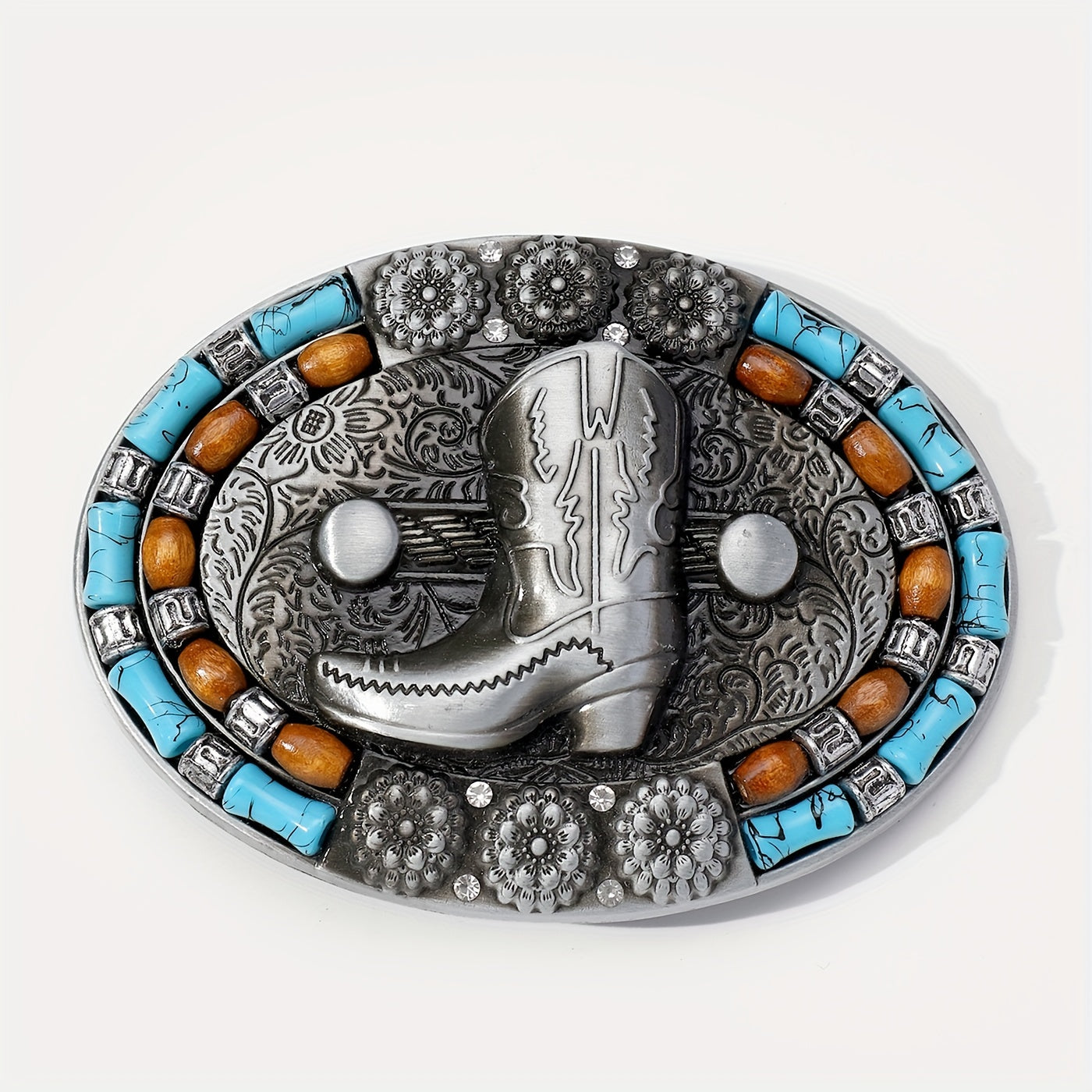 Boho Turquoise Beads Inlaid Belt Buckle Cowboy Boots Pattern Engraved Vintage