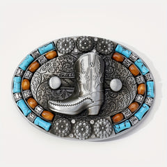 Boho Turquoise Beads Inlaid Belt Buckle Cowboy Boots Pattern Engraved Vintage