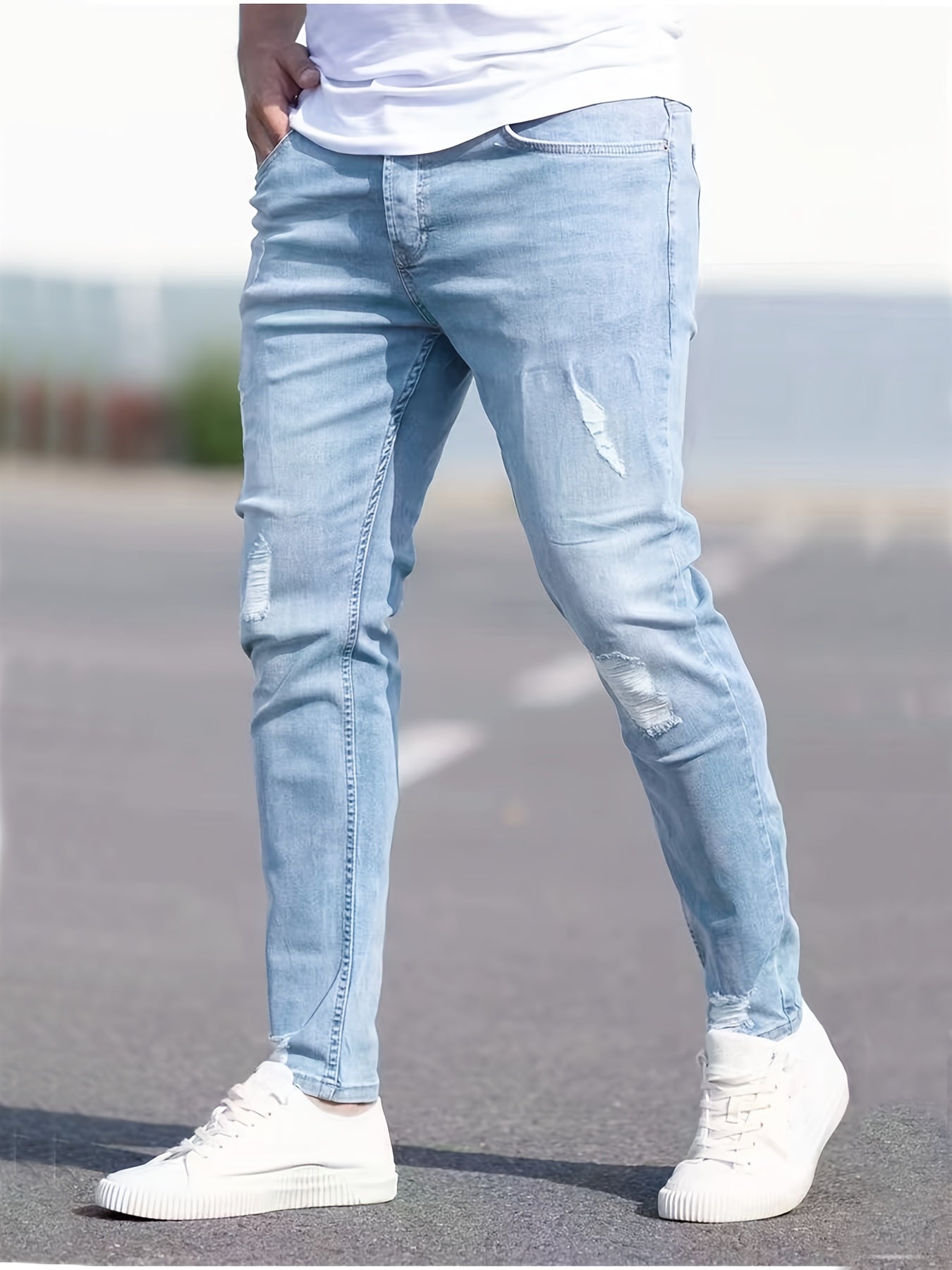 Slim Fit Ripped Jeans Mens Distressed Stretch Denim Pants