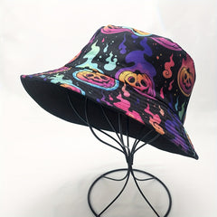 Flame Pumpkin Print Reversible Y2K Bucket Hat Lightweight Halloween