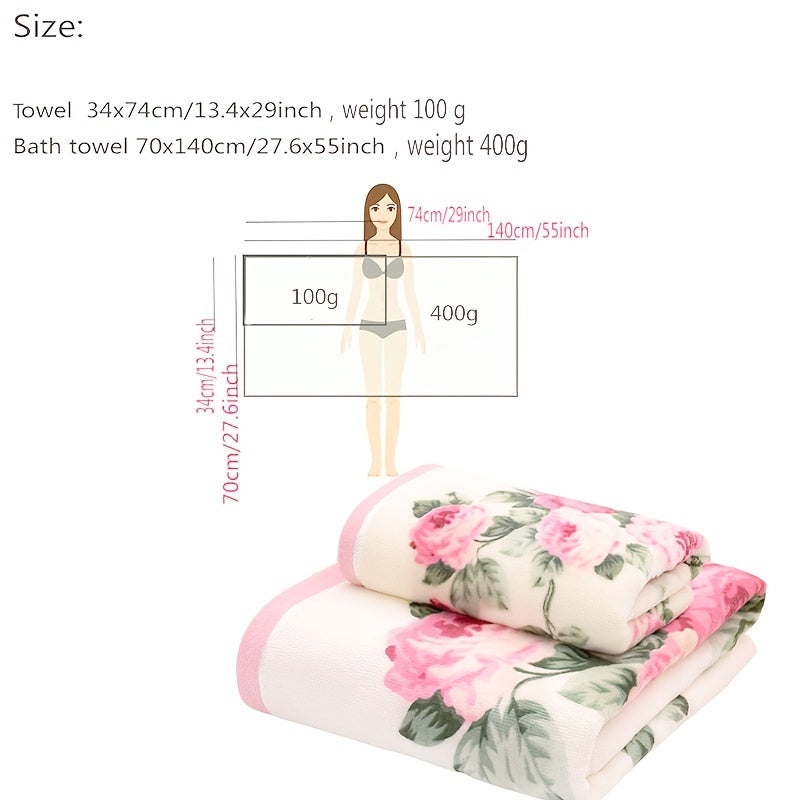 2pcs Flower Pattern Towel Set Soft Hand Bath Towel Absorbent Towels For Bathroom