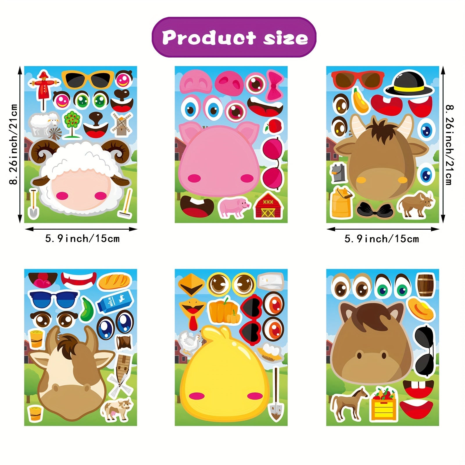 12pcs Farm Animals Make A Face Stickers DIY Craft Fantasy Animals Party Supplies