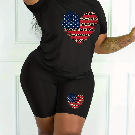 Colorblock Leopard & Heart & Flag Print Top & Shorts Set
