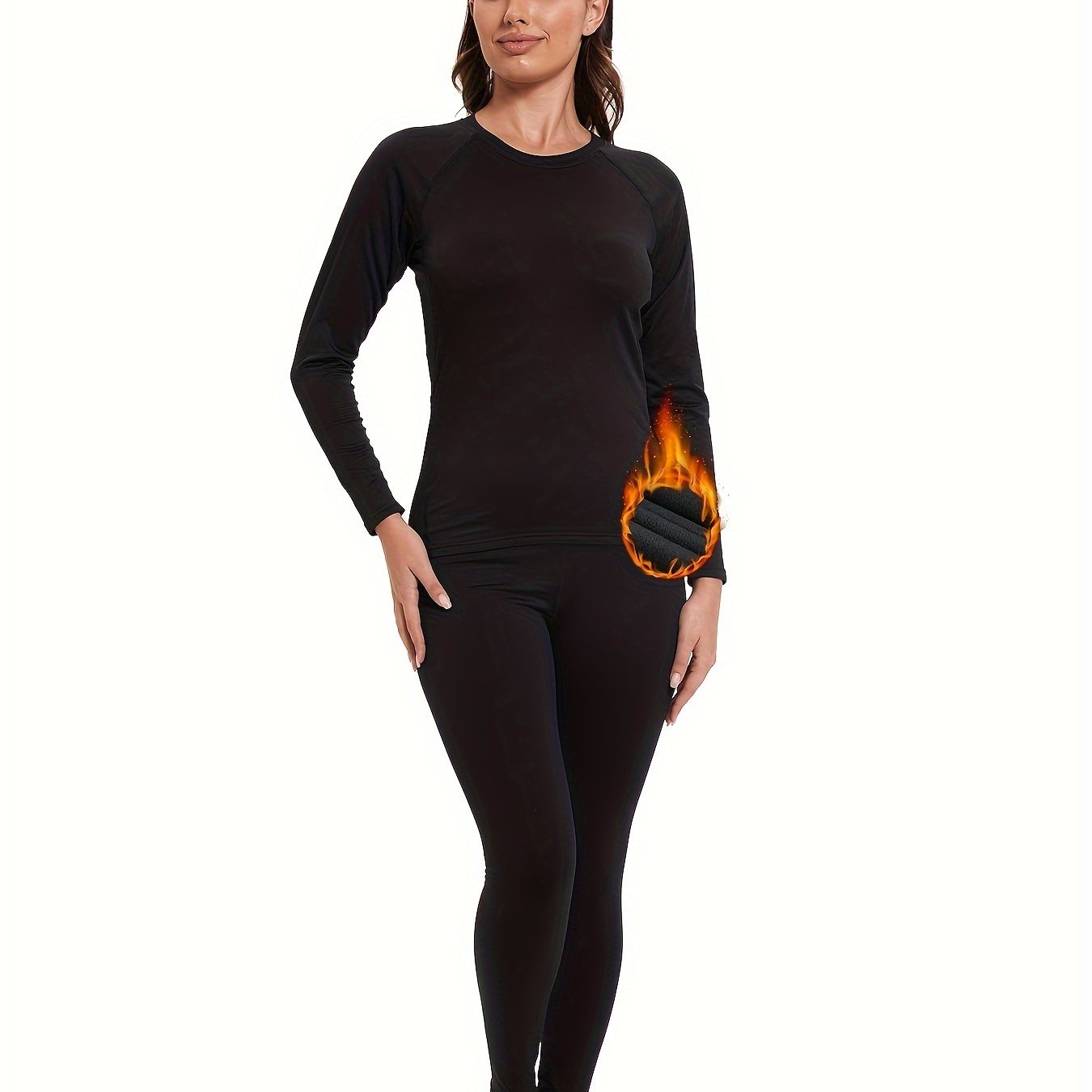 2Pcs Base Layer Set T Shirt & Fleece Pant Thermal Underwear Women's Activewear