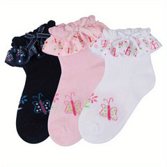 Girls Floral Ruffle Trim Short Crew Socks - Comfortable Princess Socks
