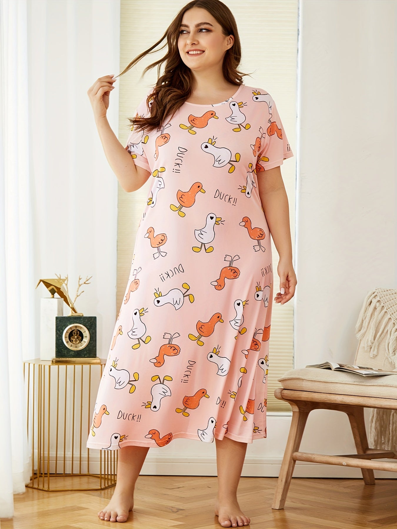 Duck Print Short Sleeve Round Neck Sleep Dress