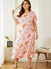 Duck Print Short Sleeve Round Neck Sleep Dress