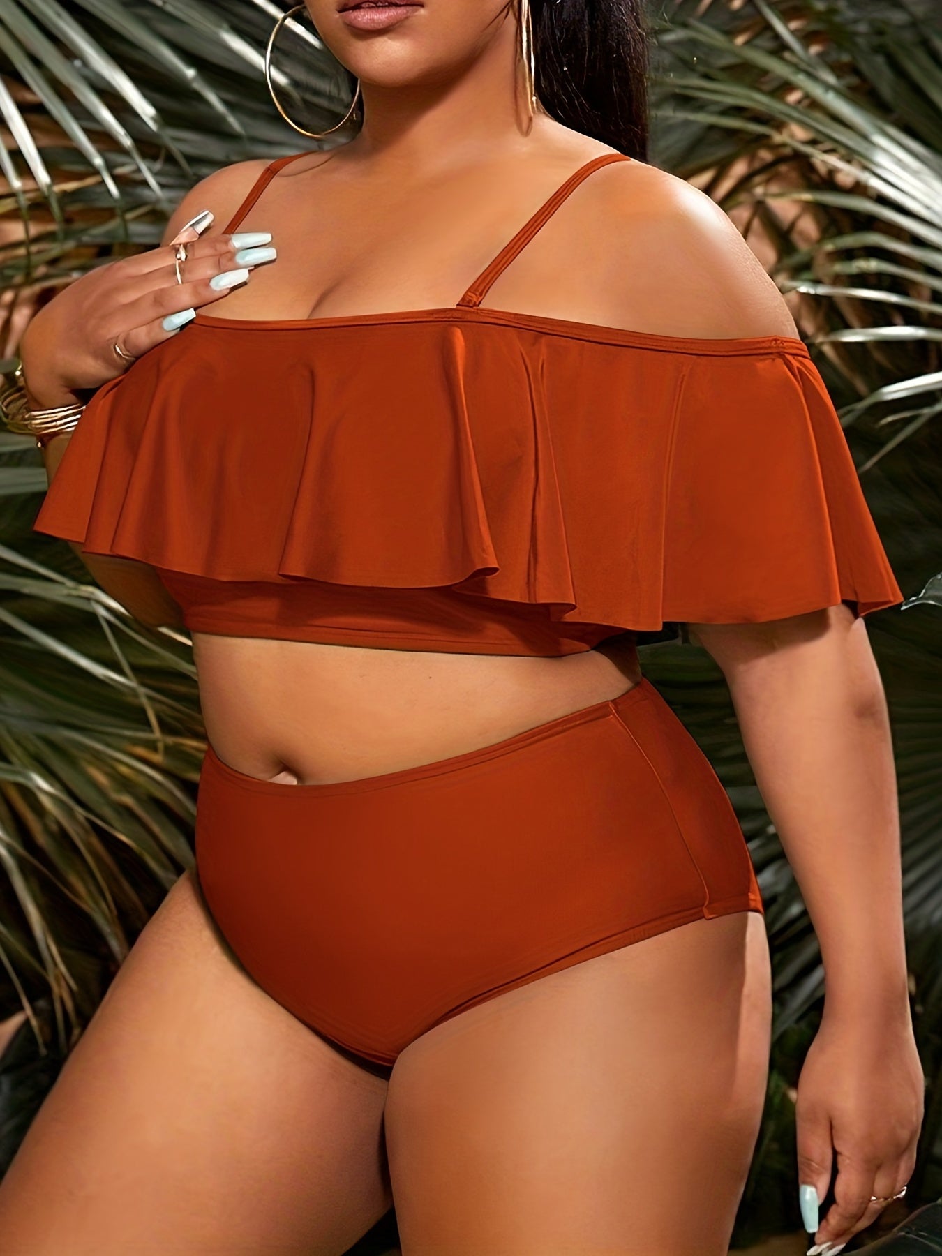 Solid Ruffle Trim Layered Crop Top Two Piece Swimsuit Set