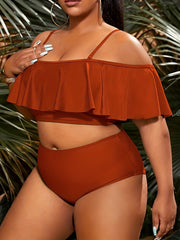 Solid Ruffle Trim Layered Crop Top Two Piece Swimsuit Set