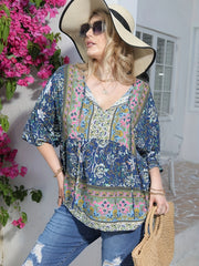 Floral Print Peplum Top Three Quarter Sleeve Blouse