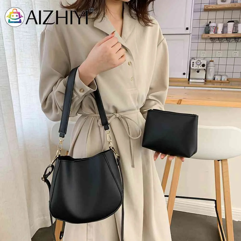2pcs Crossbody Bag Solid Women Shoulder Bag Casual High PU Leather Messenger Bag