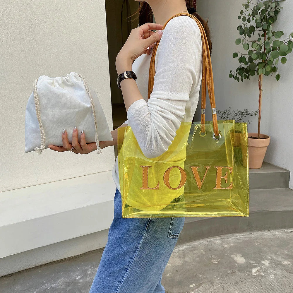 2pcs Women Composite Bags Transparent Handbags Canvas Drawstring Pouch