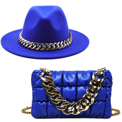 2pcs Women Fedora Hats Bag Set Chain Shoulder Crossbody Bag Lattice Handbag