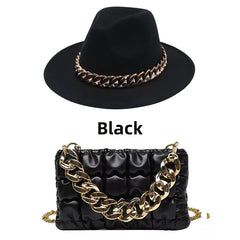 2pcs Women Fedora Hats Bag Set Chain Shoulder Crossbody Bag Lattice Handbag