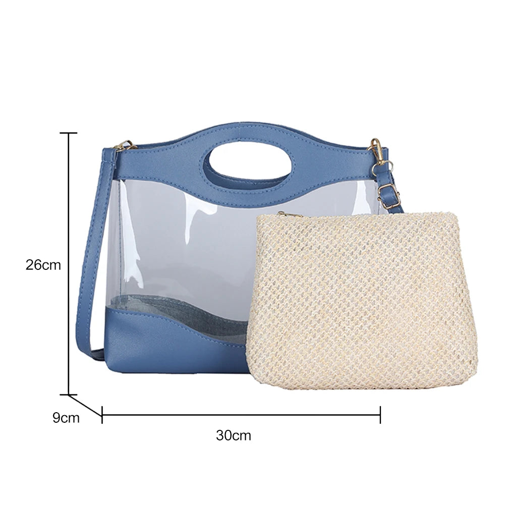 2pcs Women Shoulder Bags Straw PVC Clear Casual Totes Crossbody Handbag Sets