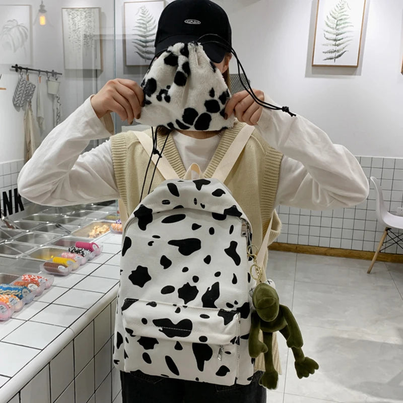 Milk Cow Canvas Backpack for Teen Girls