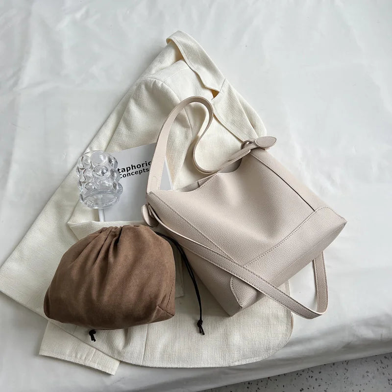 2pc Set PU Leather Women's Handbags Casual Ladies Tote Female Bucket Bag