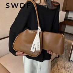 2pc/set PU Leather Women's Handbags Casual Tote Bucket Shoulder Bags