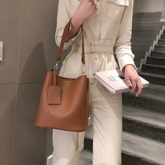 2pc/set PU Leather Women's Handbags Casual Ladies Tote Bucket Crossbody Bag