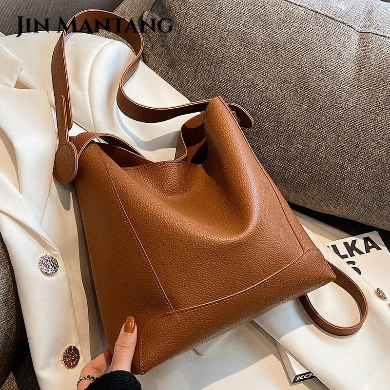 2pc Set PU Leather Women's Handbags Casual Ladies Tote Female Bucket Bag