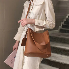 2-piece Set PU Leather Women's Handbags Casual Tote Bucket Shoulder Crossbody Ba