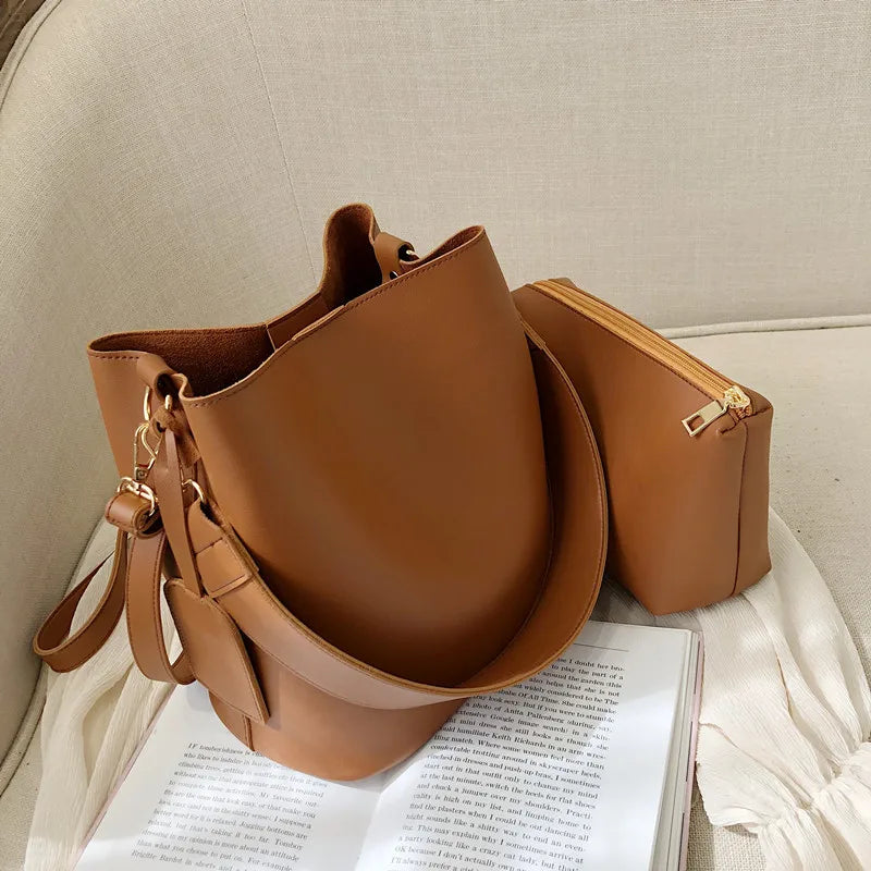 2pc/set PU Leather Women's Handbags Casual Ladies Tote Bucket Crossbody Bag