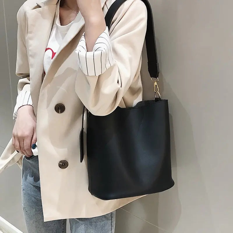 2pc/set PU Leather Women's Handbags Casual Ladies Tote Bucket Crossbody Bag