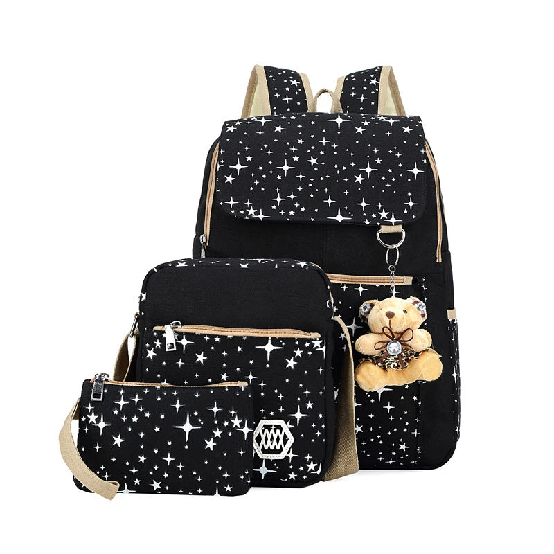 3 Pcs/set Printing Women Backpack Lightweight Canvas Backpack