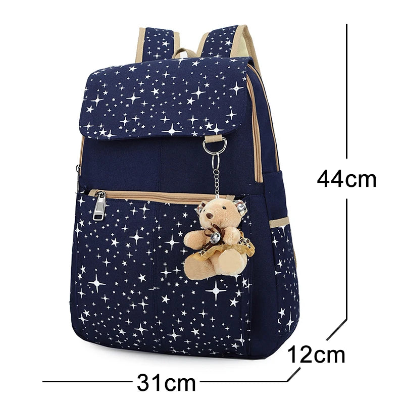 3 Pcs/set Printing Women Backpack Lightweight Canvas Backpack