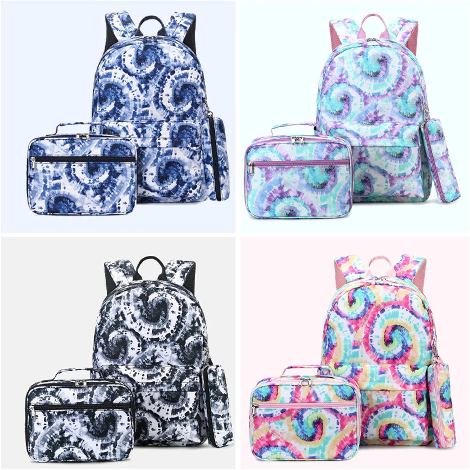 3-Piece Tie-Dye Print Backpack Lunch Bag Set for Women