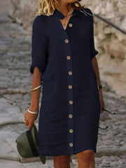 Solid Short Sleeve Button Up Shirt Dress