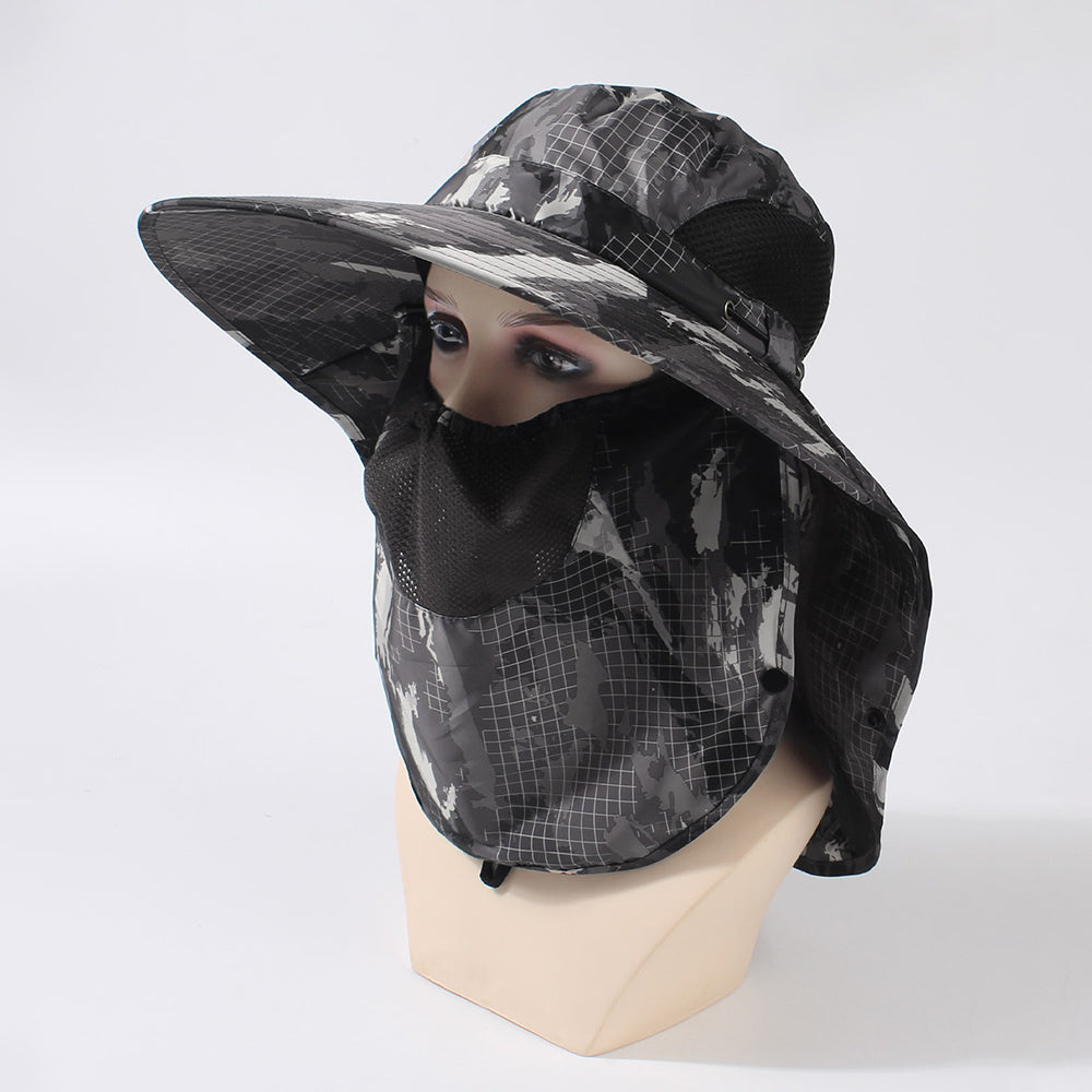 Camouflage Casual Bucket Hat With Mask Neck Flap Wide Brim UV Protection Sun Hat
