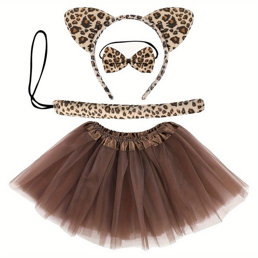 Leopard Cat Ears Headband Tail Bow Tie Short Skirt Dress Up Costume Set