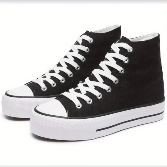 Women's Platform High Top Canvas Shoes Solid Round Toe Lace Up Sneakers