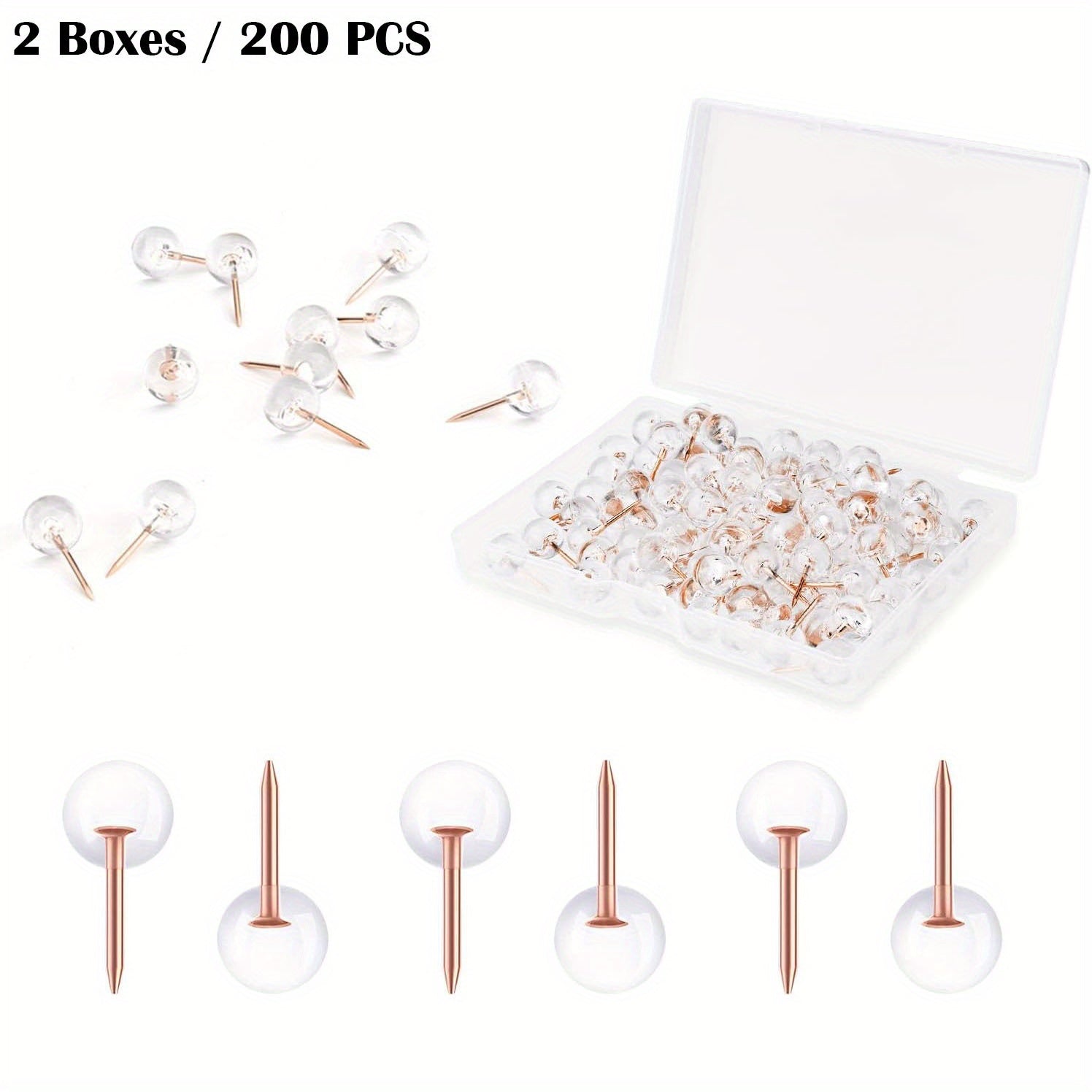 200pcs Transparent Round Ball Head Push Pins & Rose Golden Steel Point Map Tacks