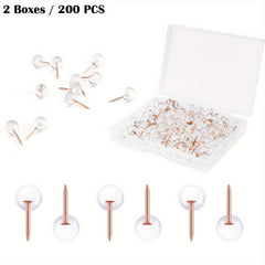 200pcs Transparent Round Ball Head Push Pins & Rose Golden Steel Point Map Tacks