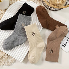 5 Pairs Kids Cotton Thick Warm Socks Embroidered Smiling Face Boys Girls Baby