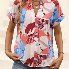 Casual Blouse Women's Plus Floral Print Short Sleeve Notched Neck Top