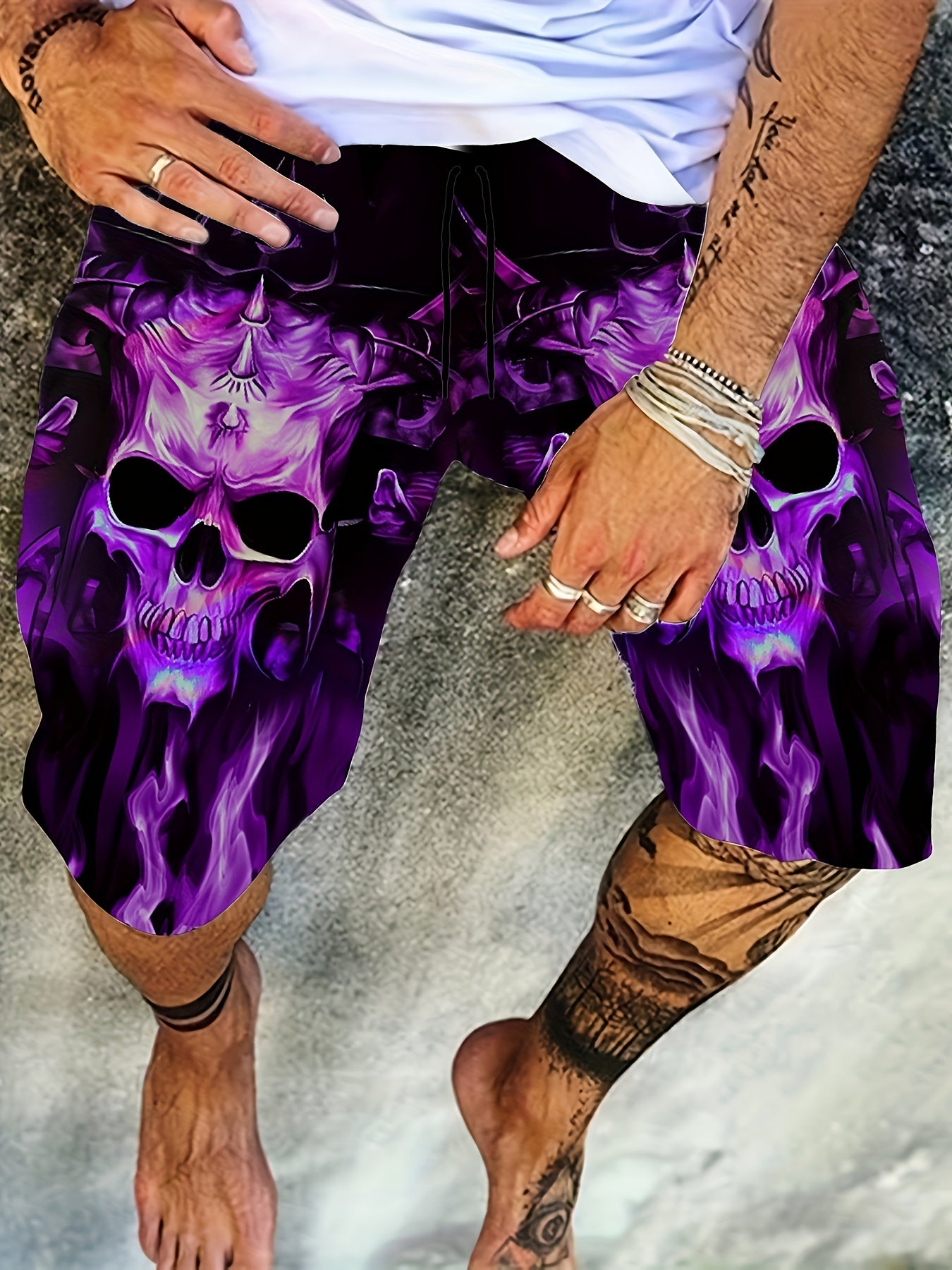 Men's Fiery Skull Graphic Shorts Elastic Waist Stretch Summer Outdoor Wear