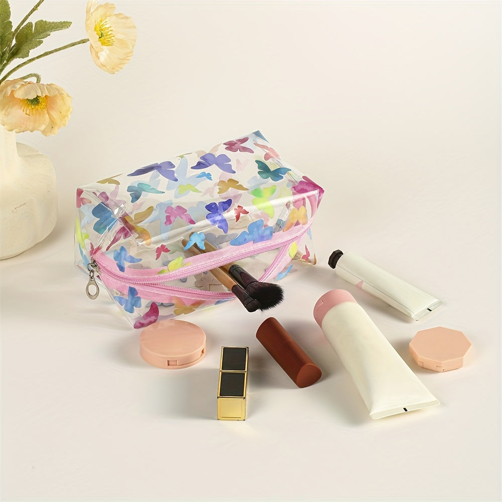 Colorful Butterfly Square Makeup Bag PVC Waterproof Zipper Roomy Makeup Pouch