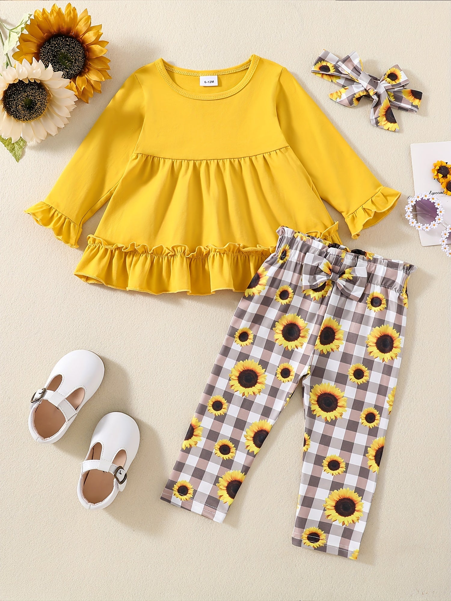 Baby Girl's Sunflower Print Dress Top & Pants Set