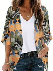 Print Cover Up Shirt Loose Fit V Neck Long Sleeves Casual Blouse