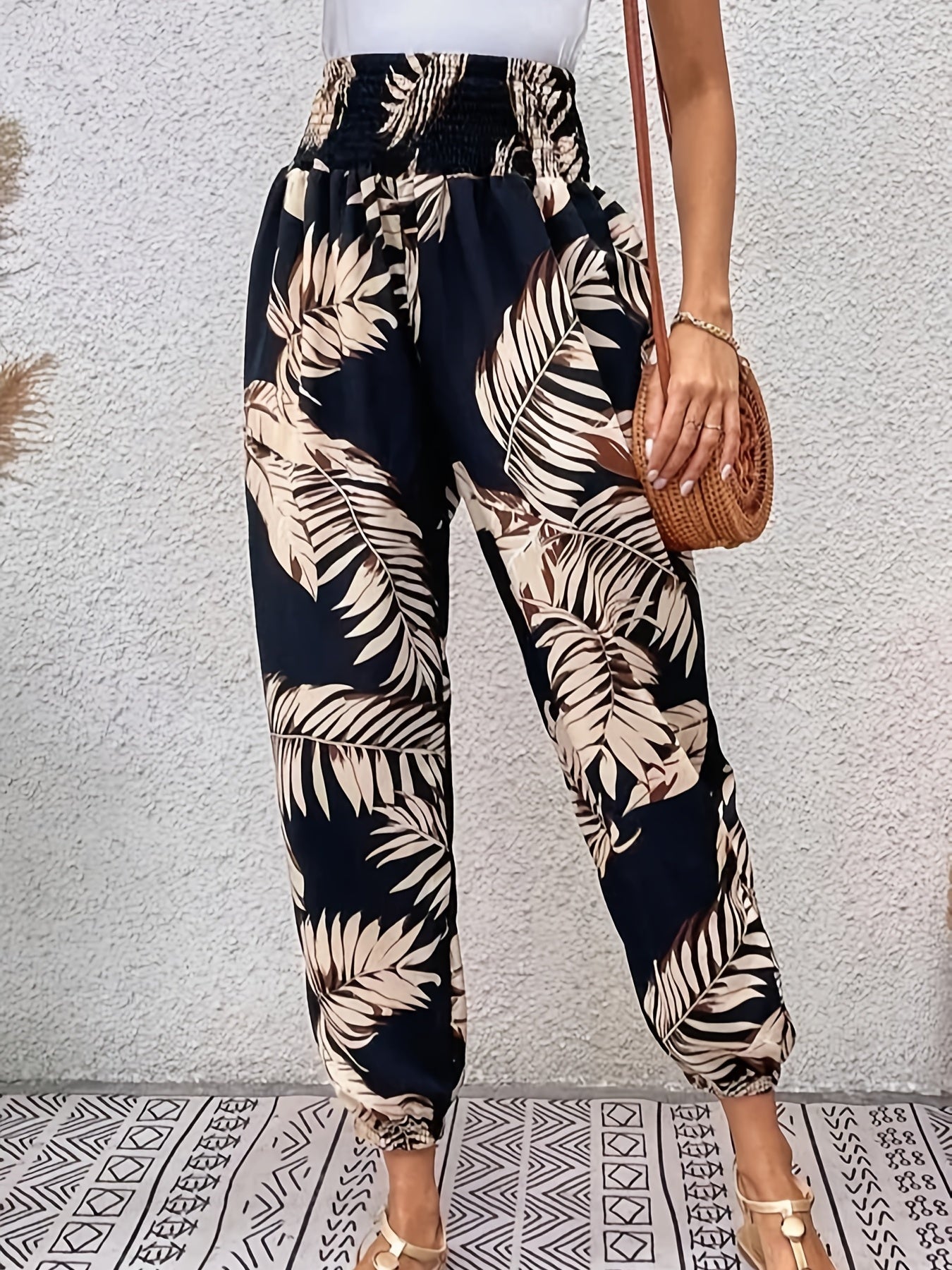 Leaf Print Stirred Waist Pants Boho Jogger Pants For Spring & Summer