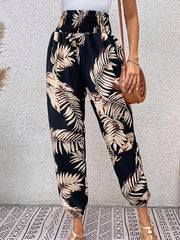 Leaf Print Stirred Waist Pants Boho Jogger Pants For Spring & Summer